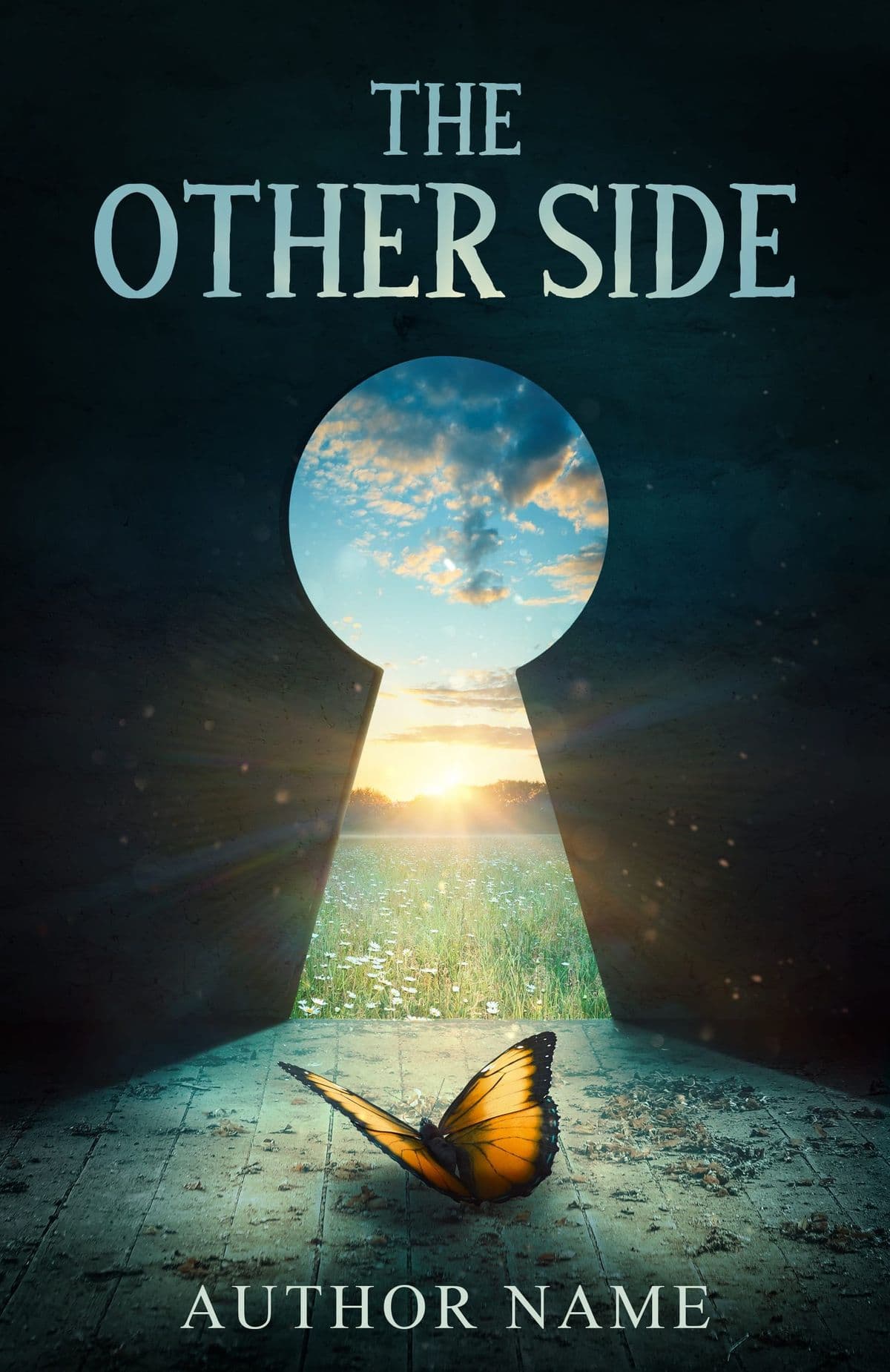 Book cover titled The Other Side: a keyhole opening onto a sunrise landscape.