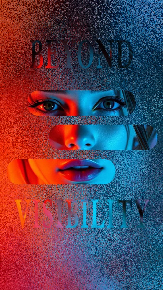 Red and blue glitch typographic poster, Beyond Vis-Eality.
