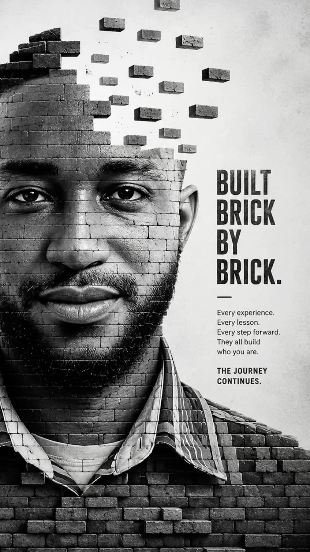 Monochrome portrait poster: a face dissolving into bricks.
