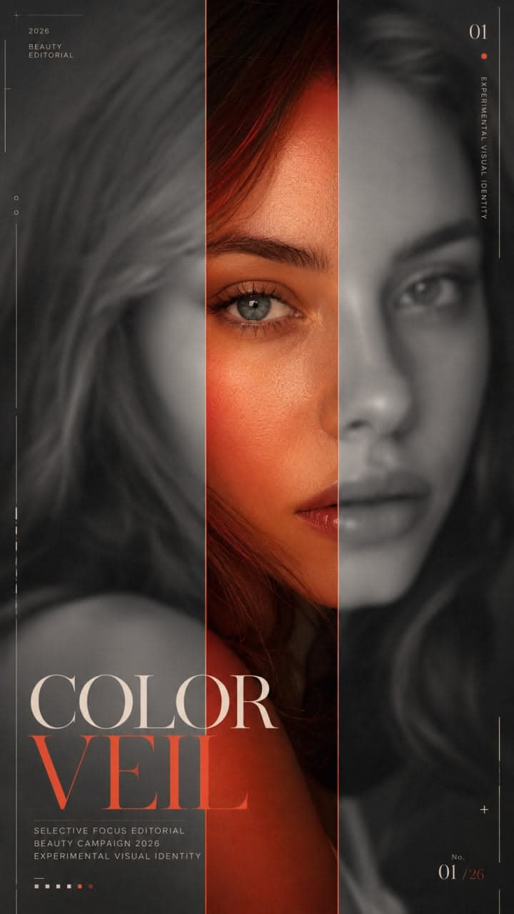Vertical poster of a segmented female portrait, Color Veil.