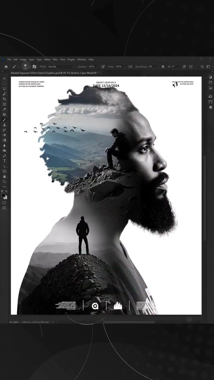 Dark double-exposure poster of a man inside a photo editor.