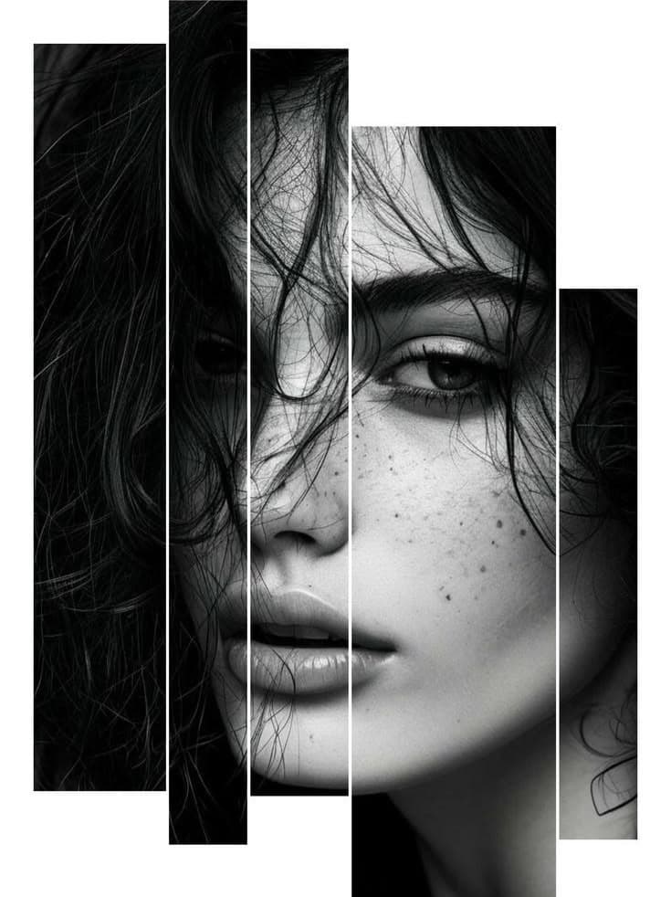 Portrait sliced into floating vertical glitch strips.