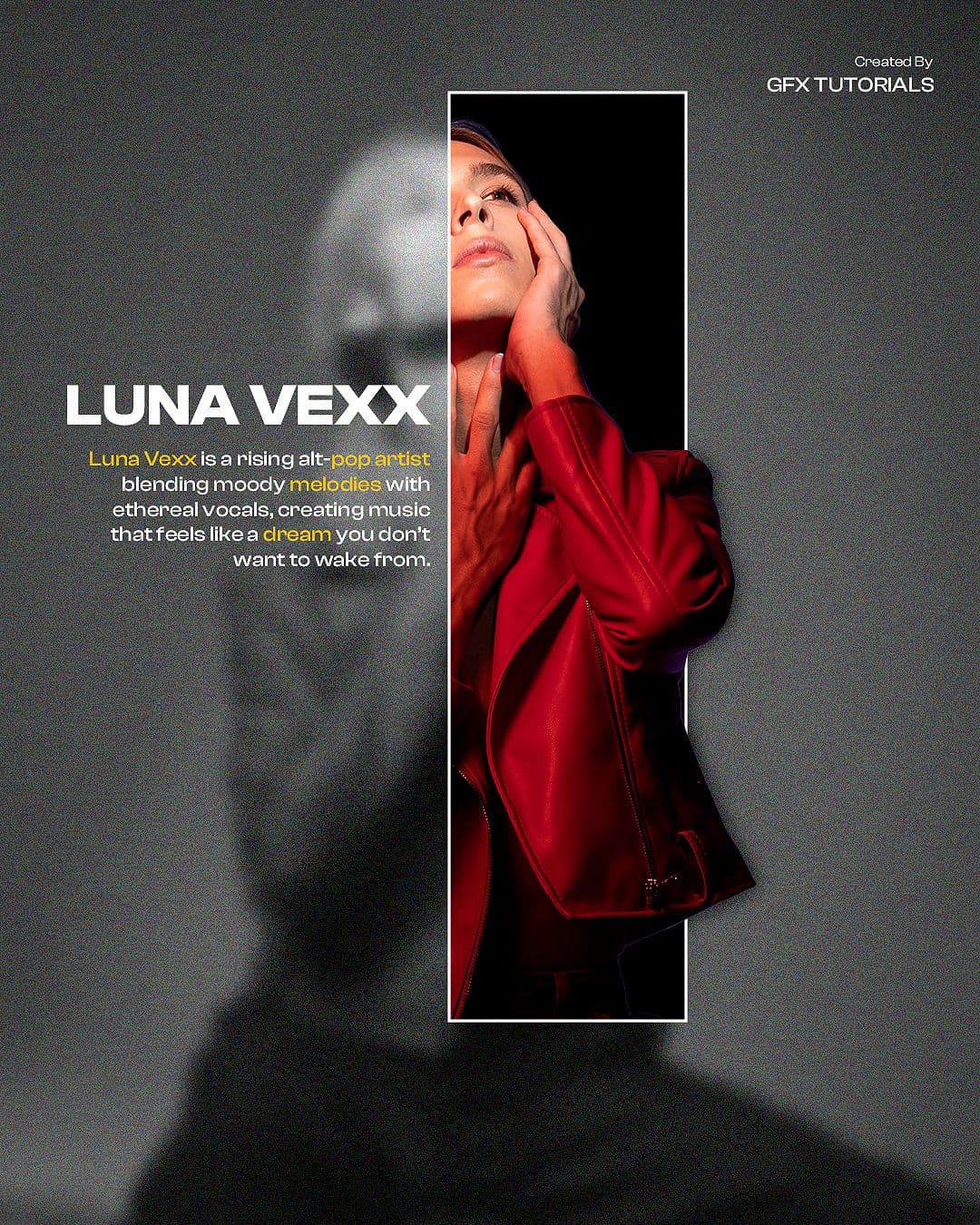 Dark editorial poster: Luna Vexx, portrait in a red jacket.
