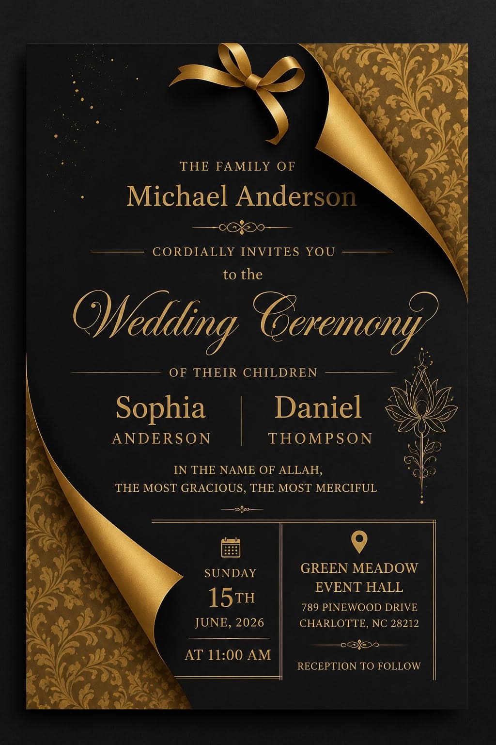 Black and gold wedding ceremony invitation with folded-corner detail.