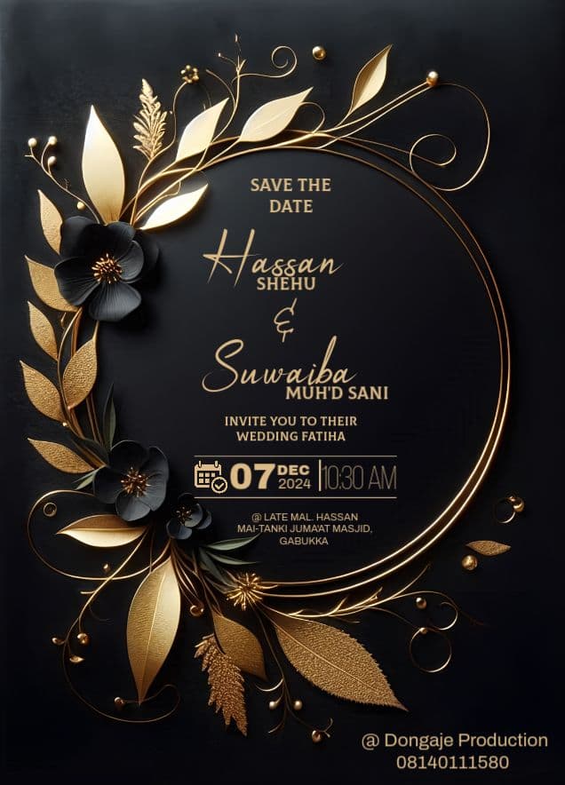 Gold-and-black floral save-the-date card for Hassan and Swaba.